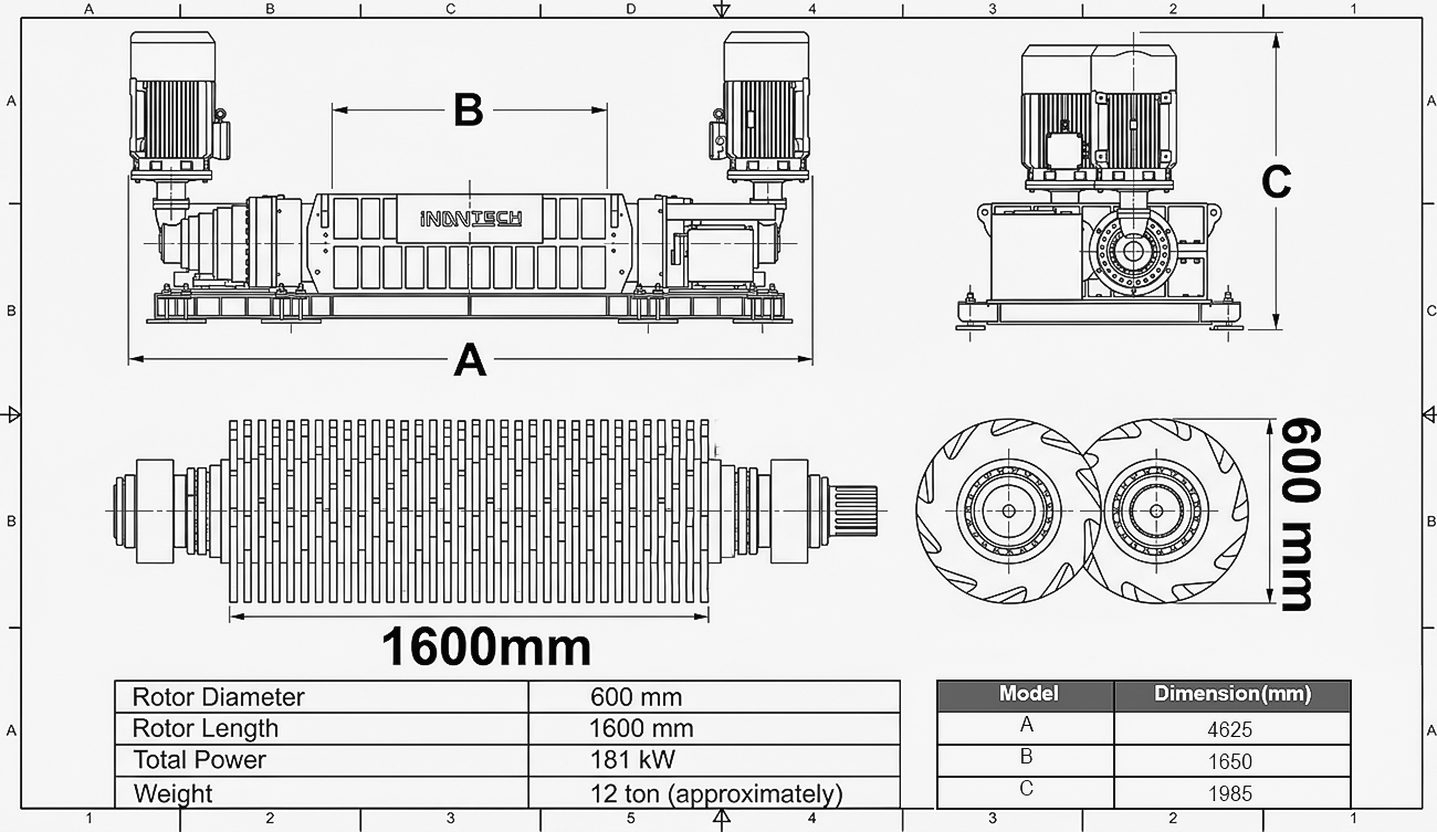 1600 Double-Shaft Shredder technical drawing