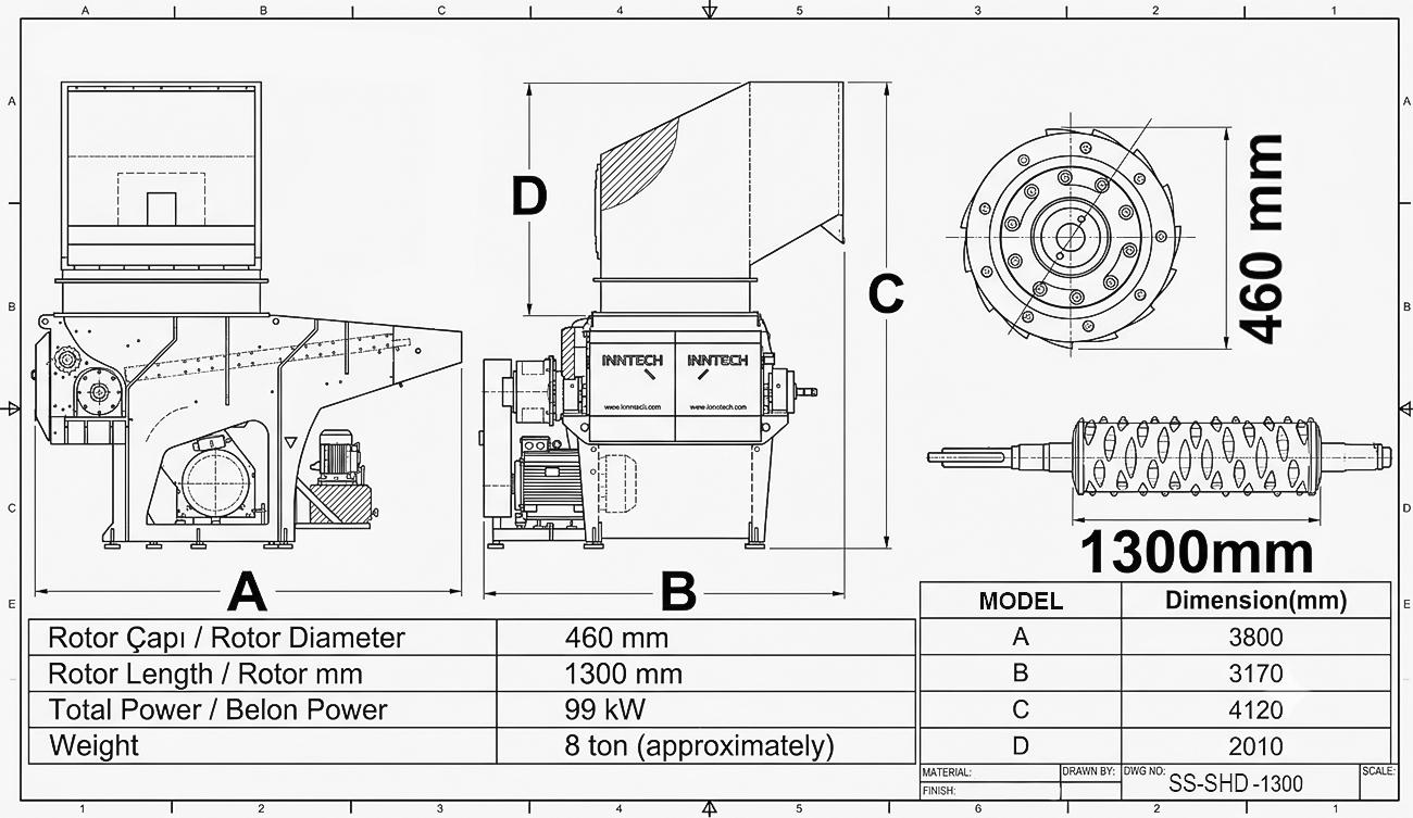 1300 Single-Shaft Shredder technical drawing