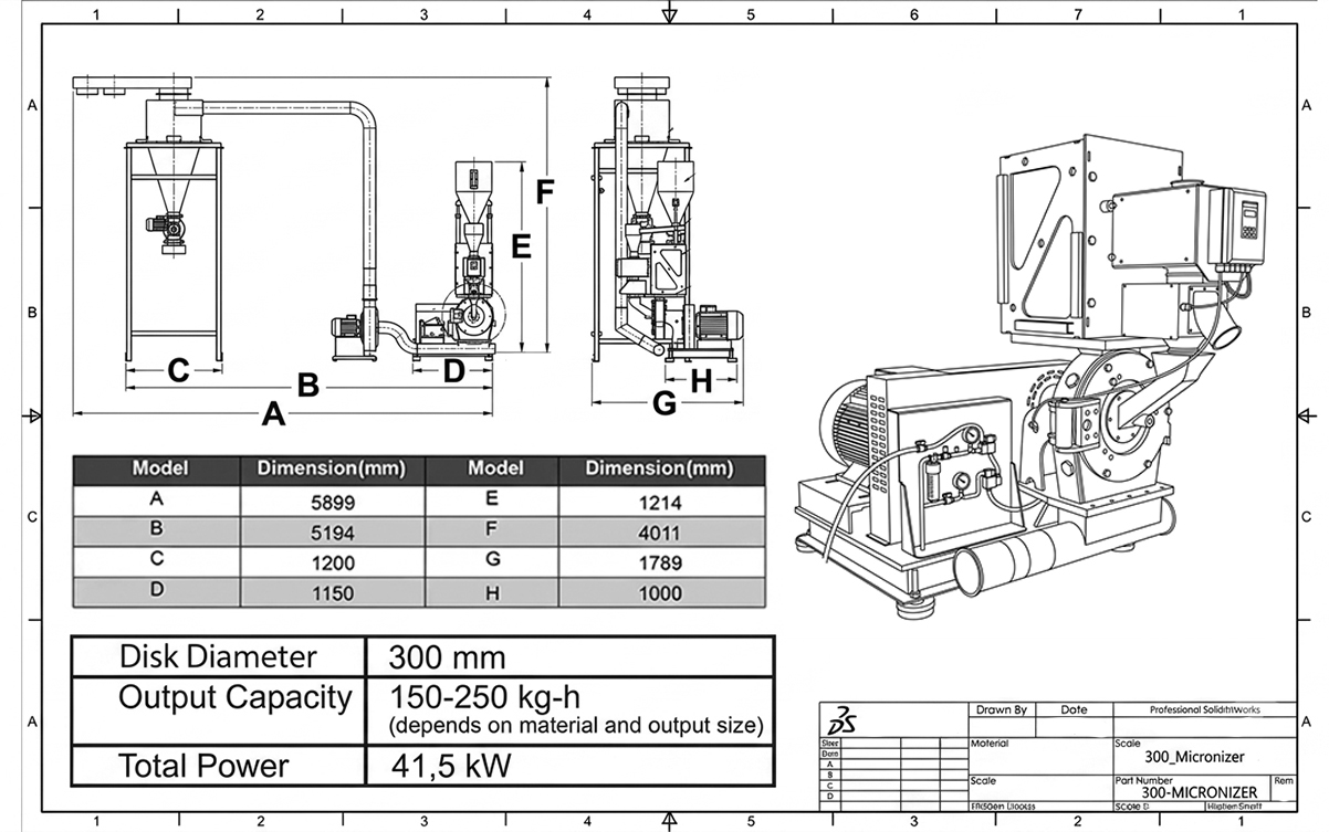 300 Mikronize Makinesi teknik çizimi