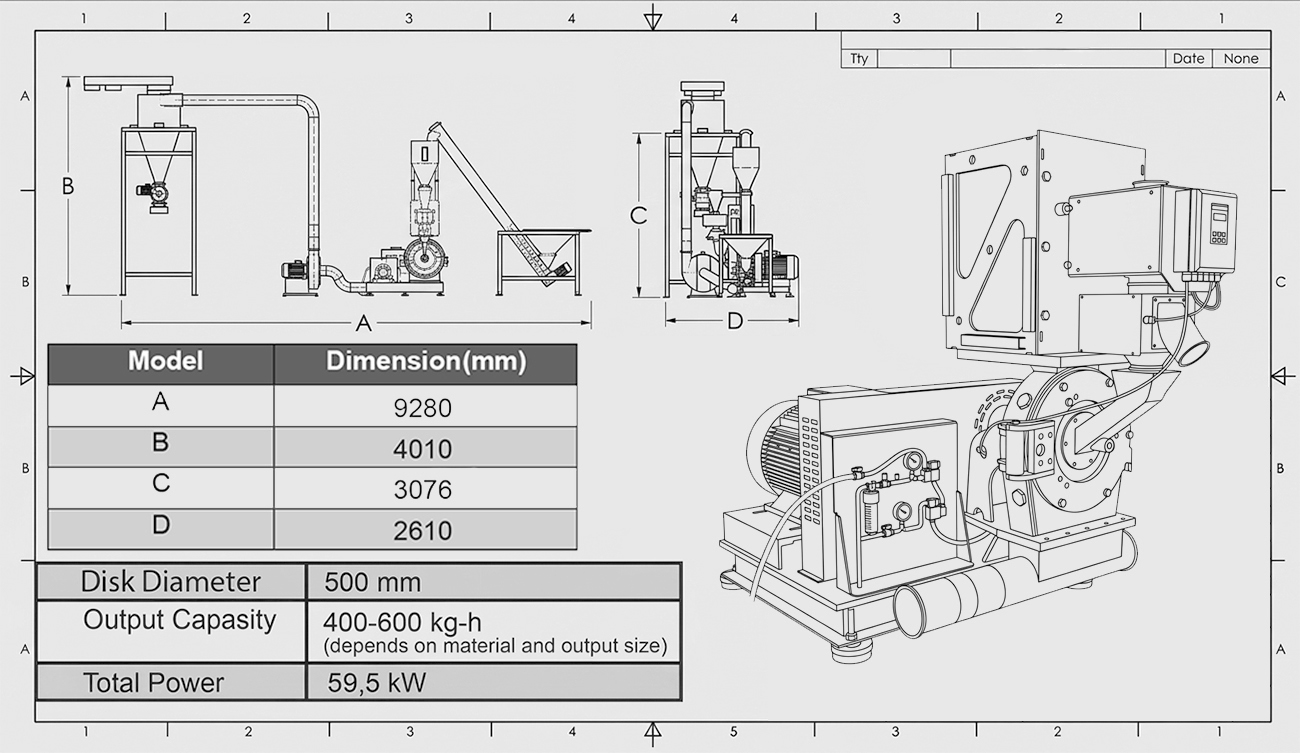 500 Mikronize Makinesi teknik çizimi