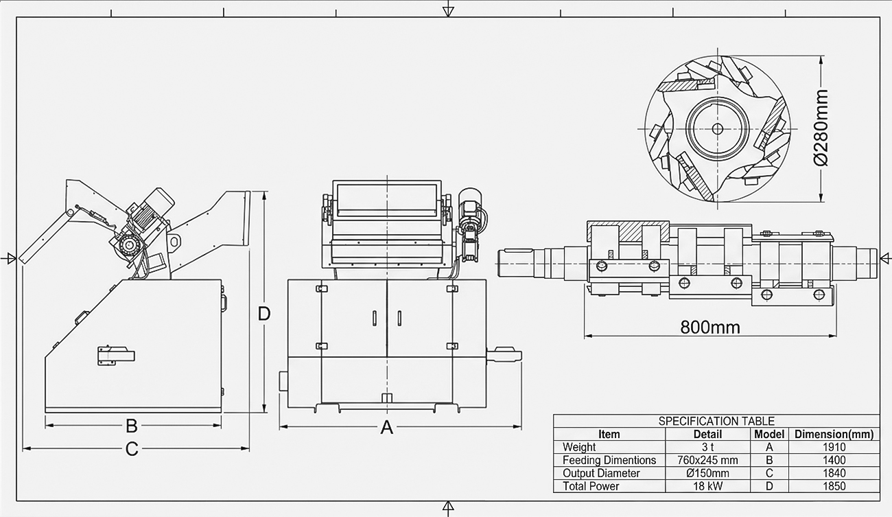 28.80 In-line Kırma Makinesi teknik çizimi