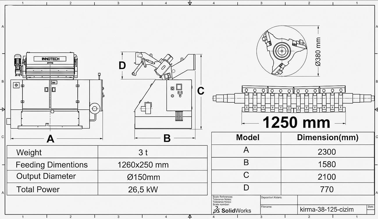 38.125 In-line Kırma Makinesi teknik çizimi