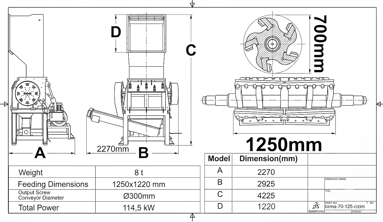 70.125 Ağır Seri Kırma Makinesi teknik çizimi