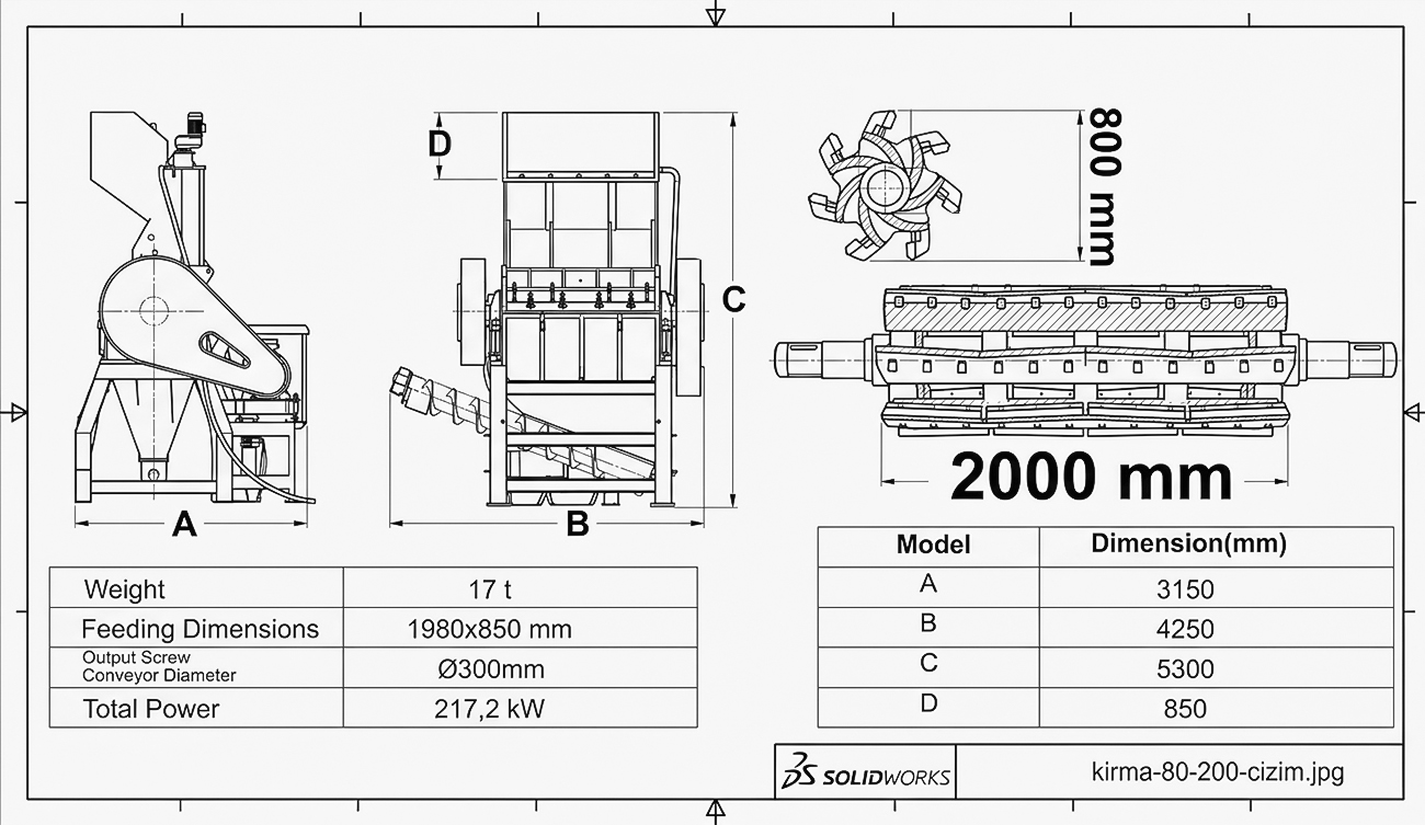 80.200 Ağır Seri Kırma Makinesi teknik çizimi