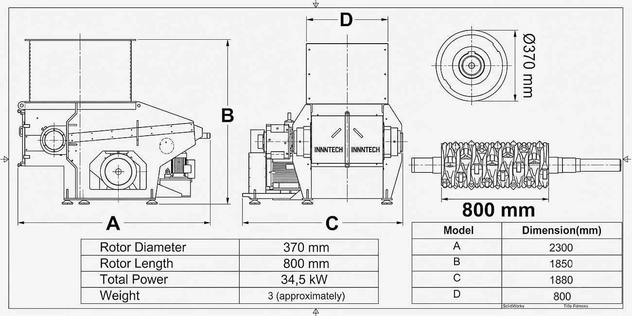 800 Tek Şaftlı Shredder teknik çizimi