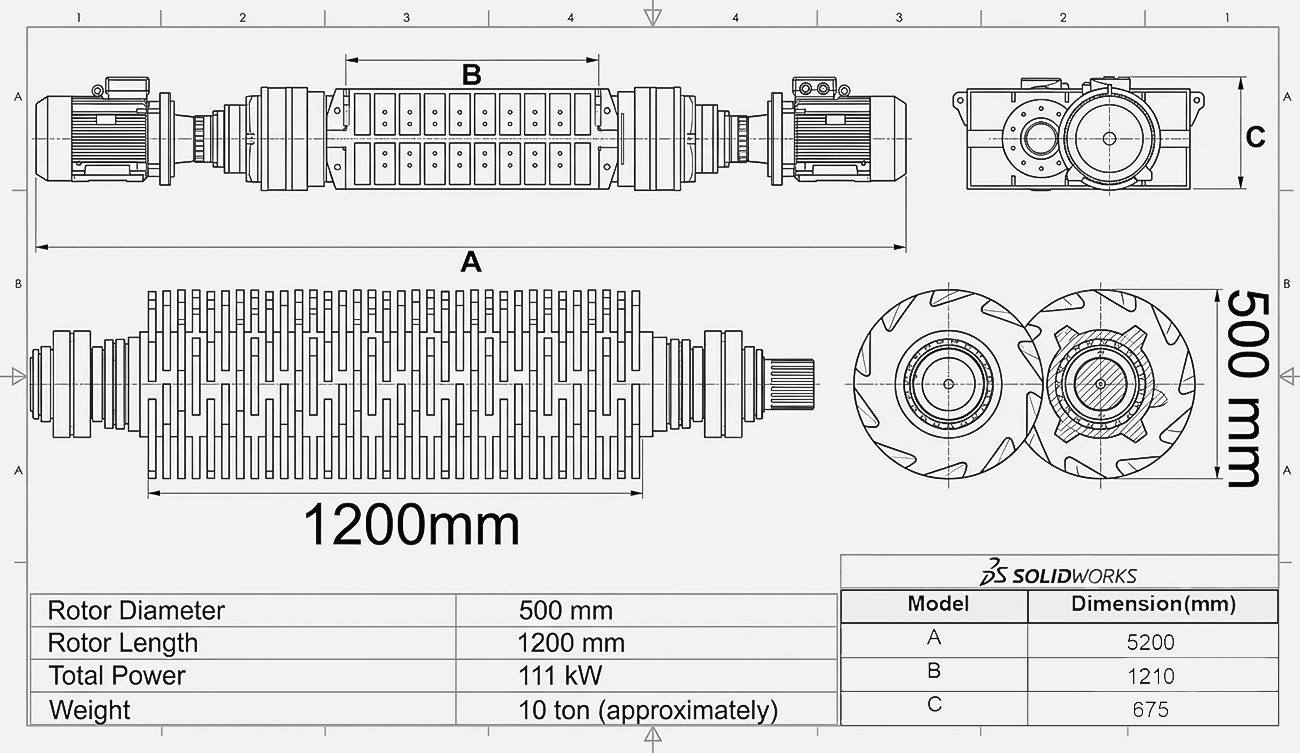 1200 Çift Şaftlı Shredder teknik çizimi