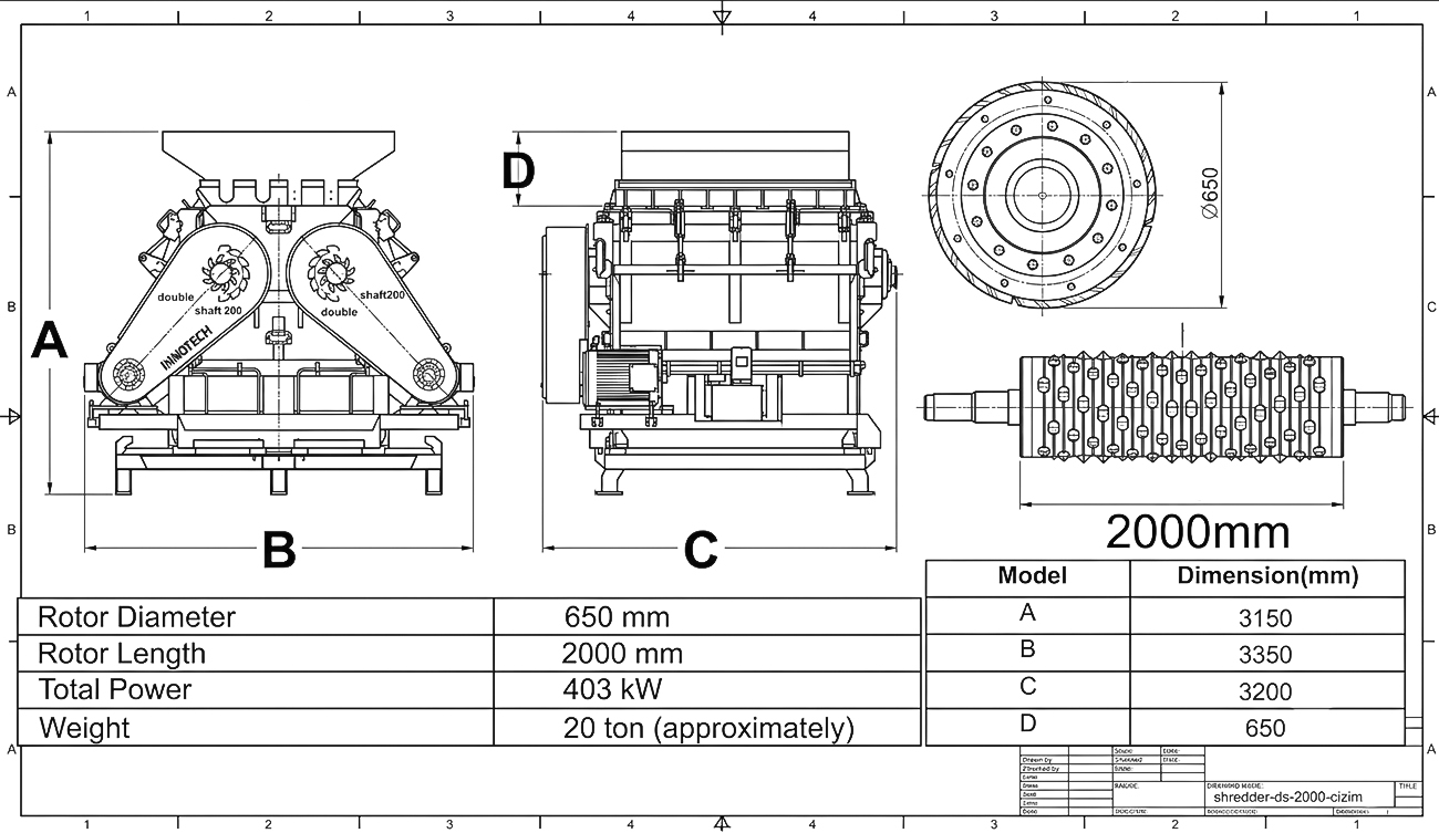 2000 Çift Şaftlı Shredder teknik çizimi