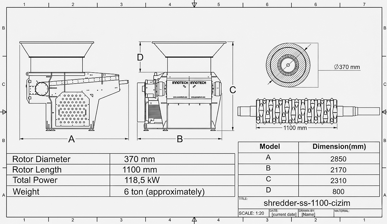 1100 Tek Şaftlı Shredder teknik çizimi