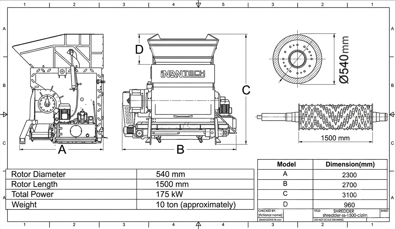 1500 Tek Şaftlı Shredder teknik çizimi