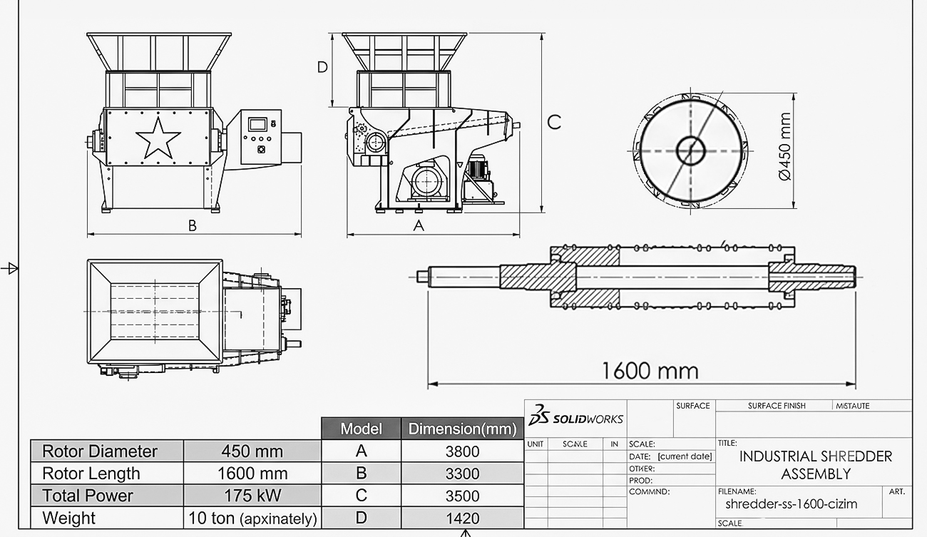 1600 Tek Şaftlı Shredder teknik çizimi